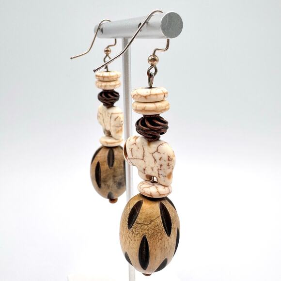 Tribal Native Folk Art Carved Howlite Elephant Nut Chunky Big Statement Earrings - Picture 4 of 12
